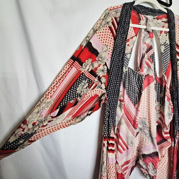 Free People x All Tous No Size Back Cut Outs Open Front Cardigan Kimono Red - Picture 10 of 14